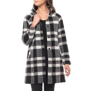 Max Studio Buffalo Plaid Wool Blazer Trench Coat Black White Size M